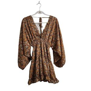 Storia Mini Dress Small Dark Yellow Babydoll‎ Deep V-Neck Bloggers Favorite Boho